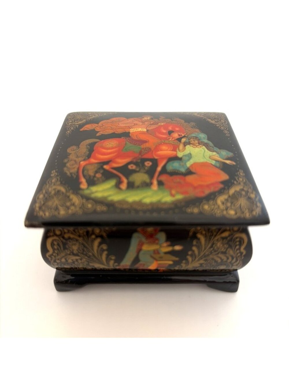 Vintage Signed Russian Palekh Kholui Lacquer Miniature Box Hand Painted Folk Art